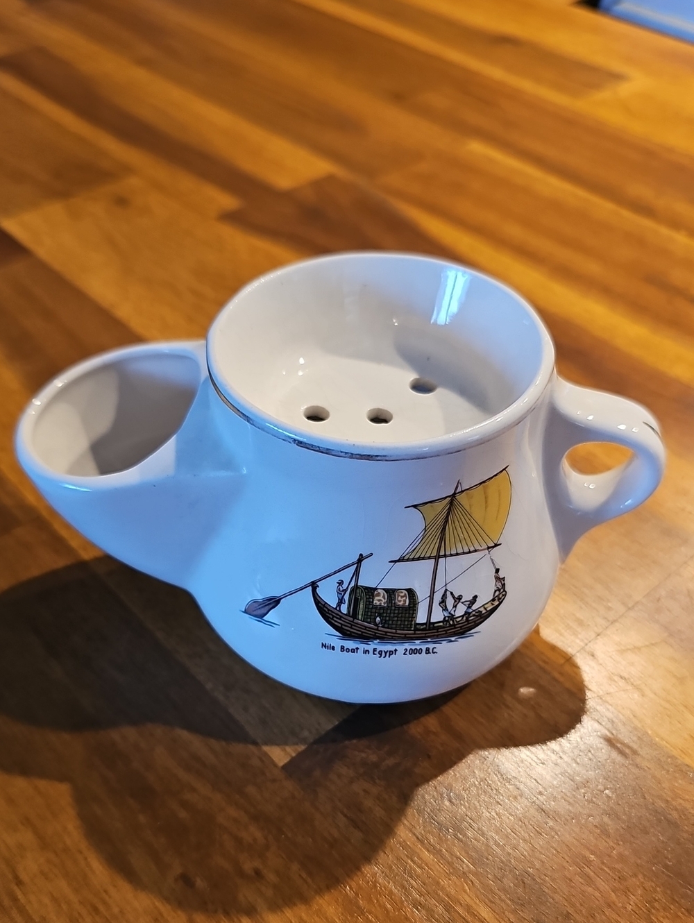 Vintage Ceramic Multi-Function Drip and Rinse Shaving Mug with Nile Boat Design